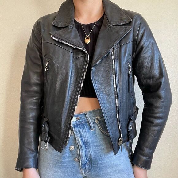 ICS Jackets & Blazers - Vintage 90s Womens ICS New York Black Leather Biker Moto Cropped Jacket Sz M
